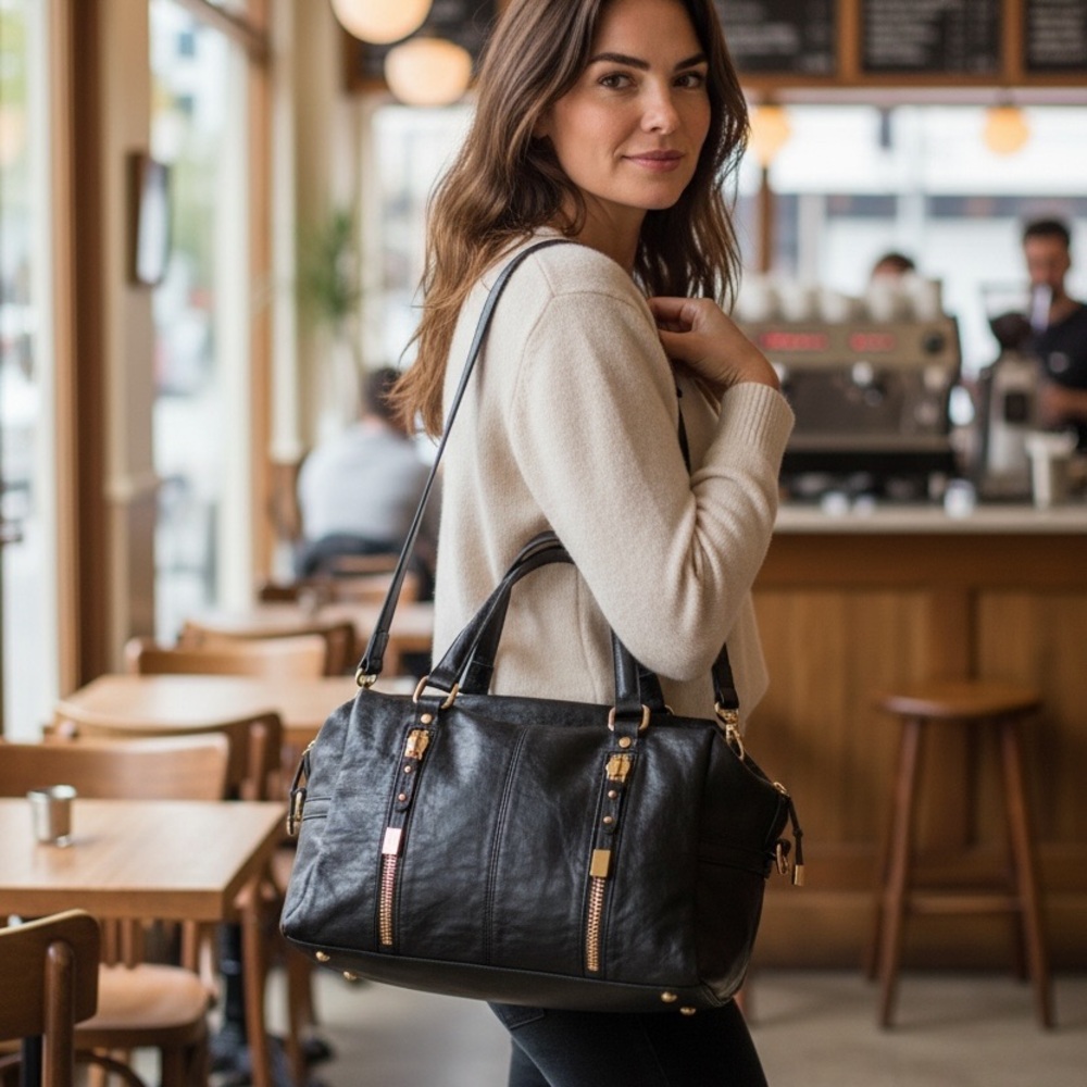 Shiraleah Chicago Black Leather Handbag – Gold Hardware, Crossbody Strap,